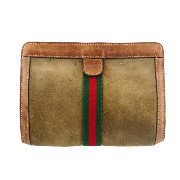 Vintage GUCCI Web Suede Leather Cosmetics Toiletry Bag Italy - Picture 1 of 8